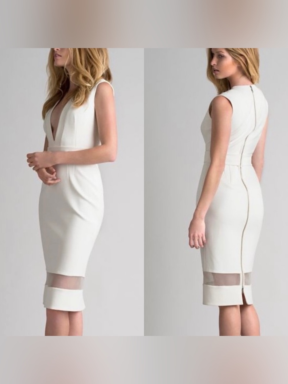 Nicholas Deep V-Neck Mesh Bottom Belted Midi Sheath Dress White Size 6 Cocktail
